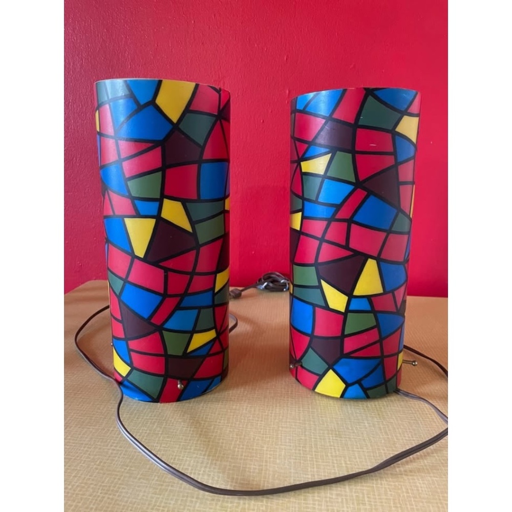 Vintage 60s/70s Stained Glass-Style Pendant Lamps, Set of 2